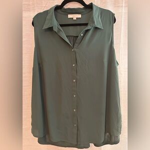 LOFT Green Sleeveless Button Down Top with Notched Collar and Relaxed Fit